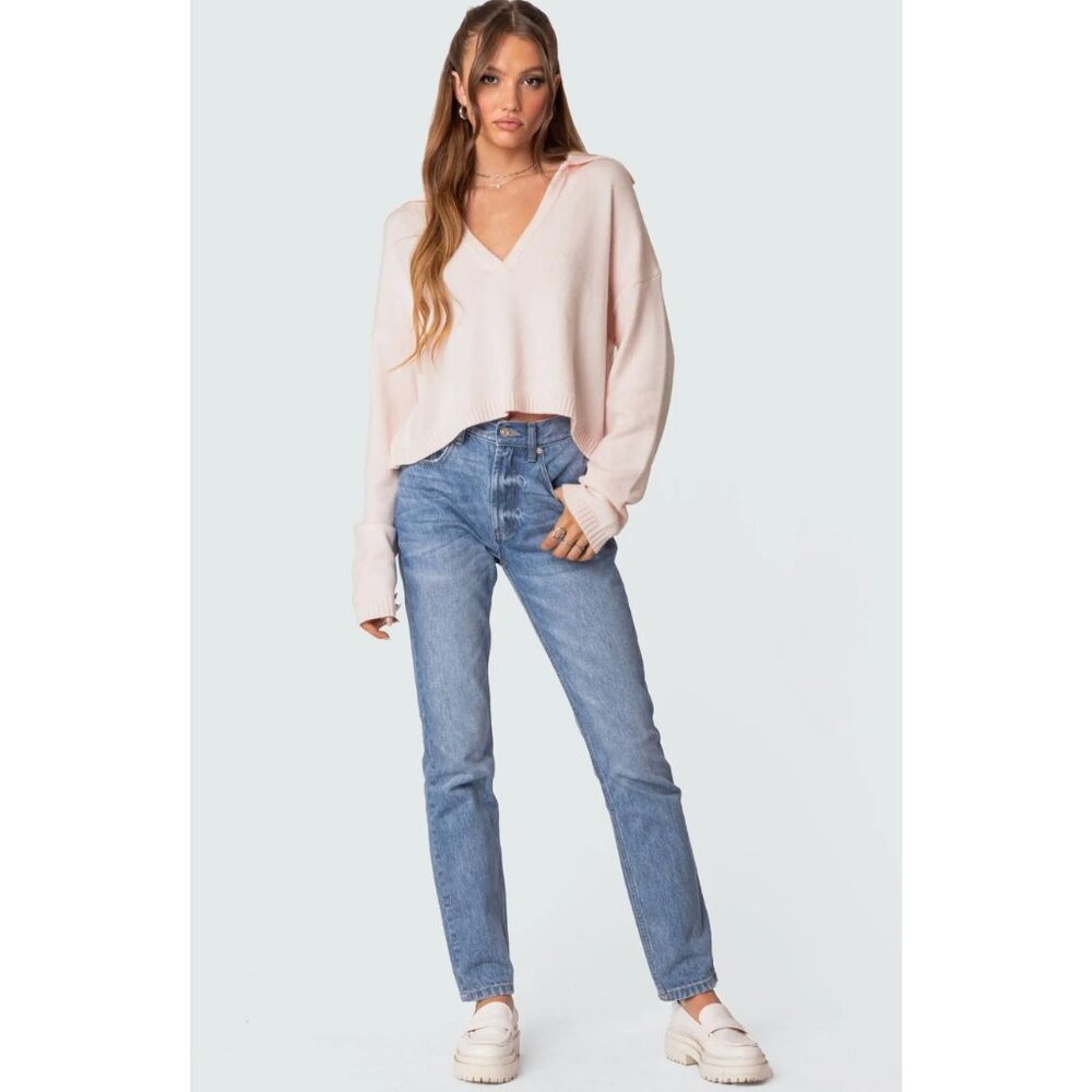 Edikted Marcie  Johnny Collar Light Pink Oversize Crop Sweater - Picture 3 of 6